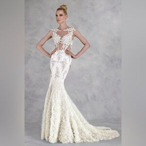 Janique Womens Bridal Wedding  Corset Beaded Trumpet Gown Ivory